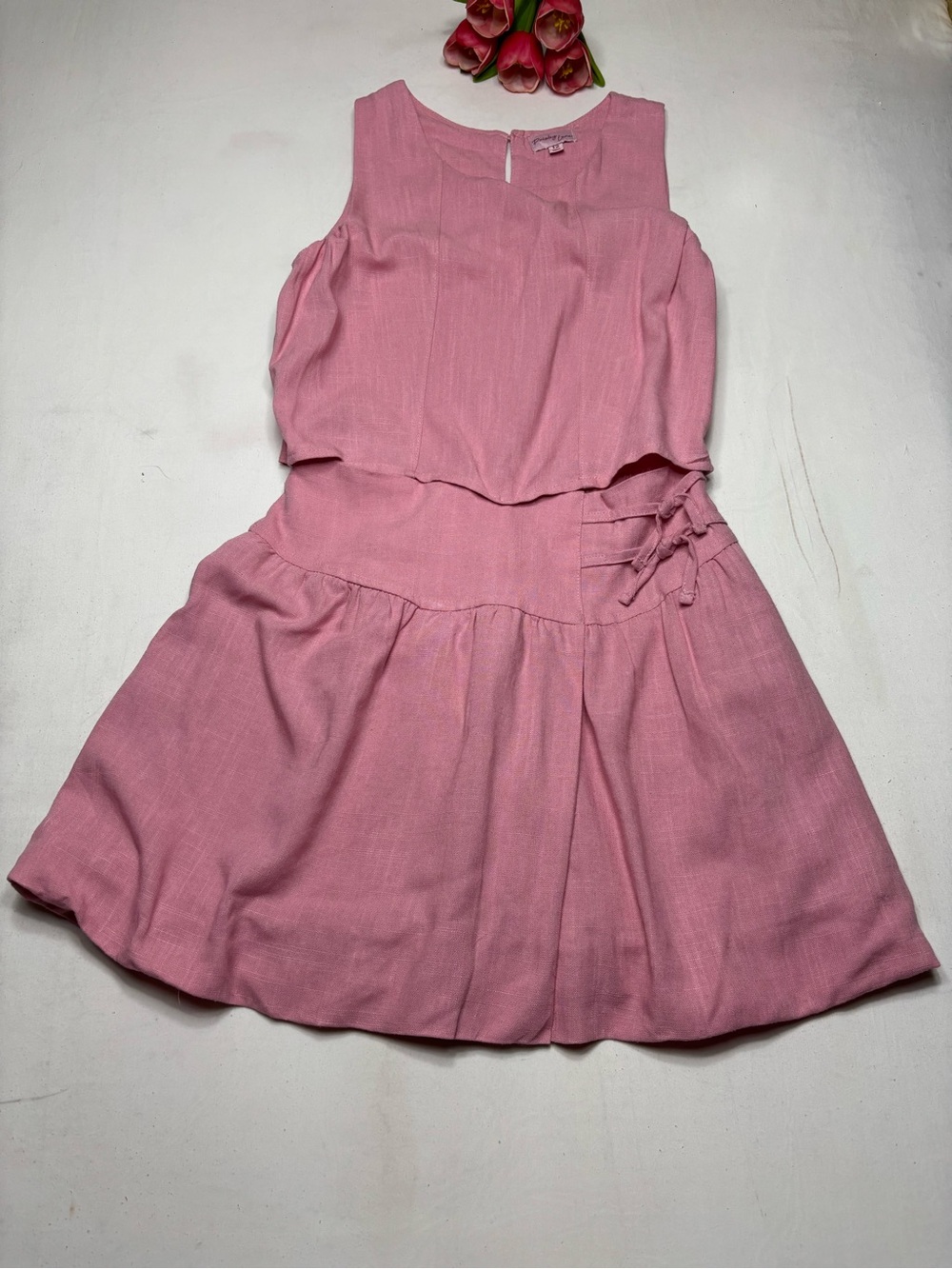 Paisley Lane Girls Sz 12 Pink Linen-Blend Cut-Out Ruffle Dress with Side-Tie